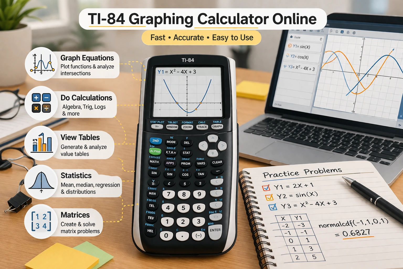 TI-84 graphing calculator online with functions, equations, and laptop display for math calculations and graph analysis